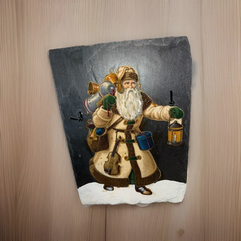 Slate Wall Hanging Olde‎ Father Christmas Primitive Style Fabric On Slate Vtg